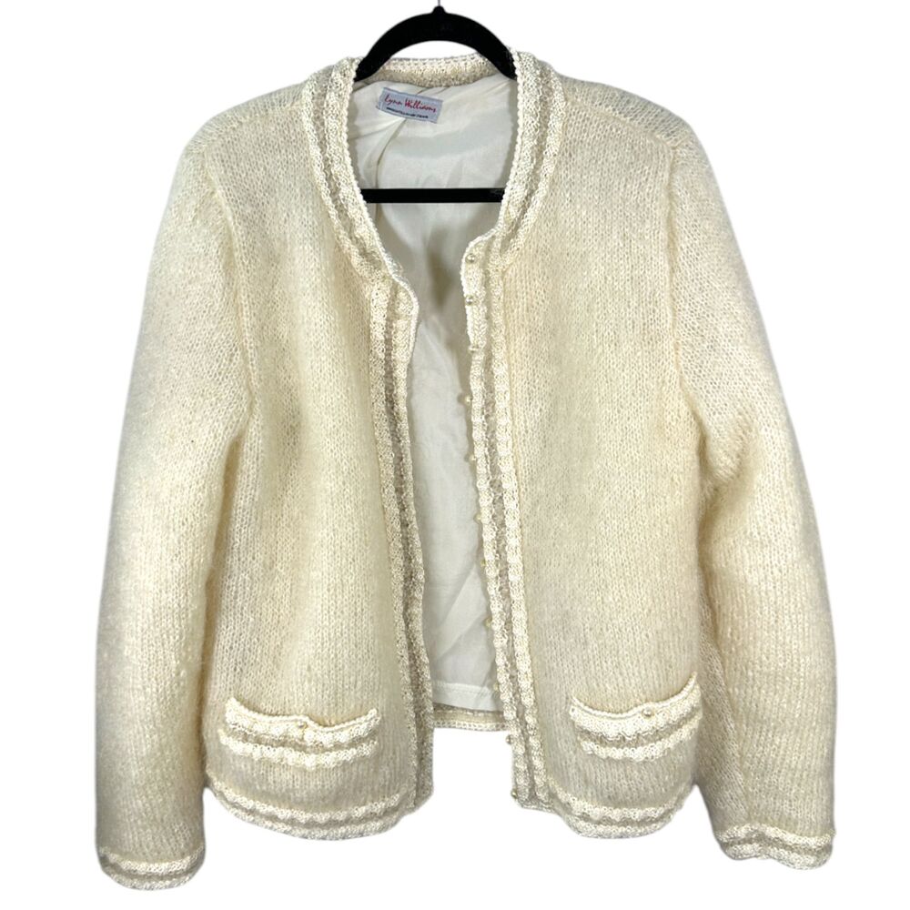 Lynn Williams New Zealand Vintage Mohair Wool Cream Cardigan Pearl Button Large